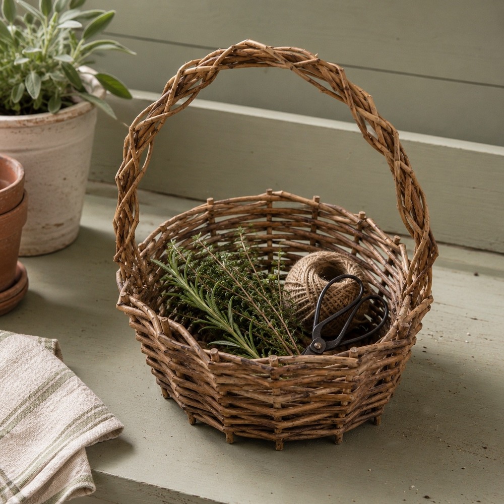 Rustic Woven Willow Branch Gathering Basket with Twisted Handle Brown Wood 1970s